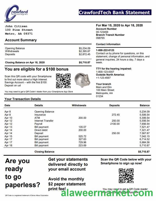 Canada CrawfordTech bank statement